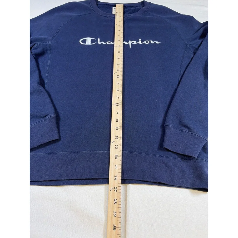 Champion Mens Navy Blue Script Logo Raglan Crewneck Sweatshirt Medium 3911411